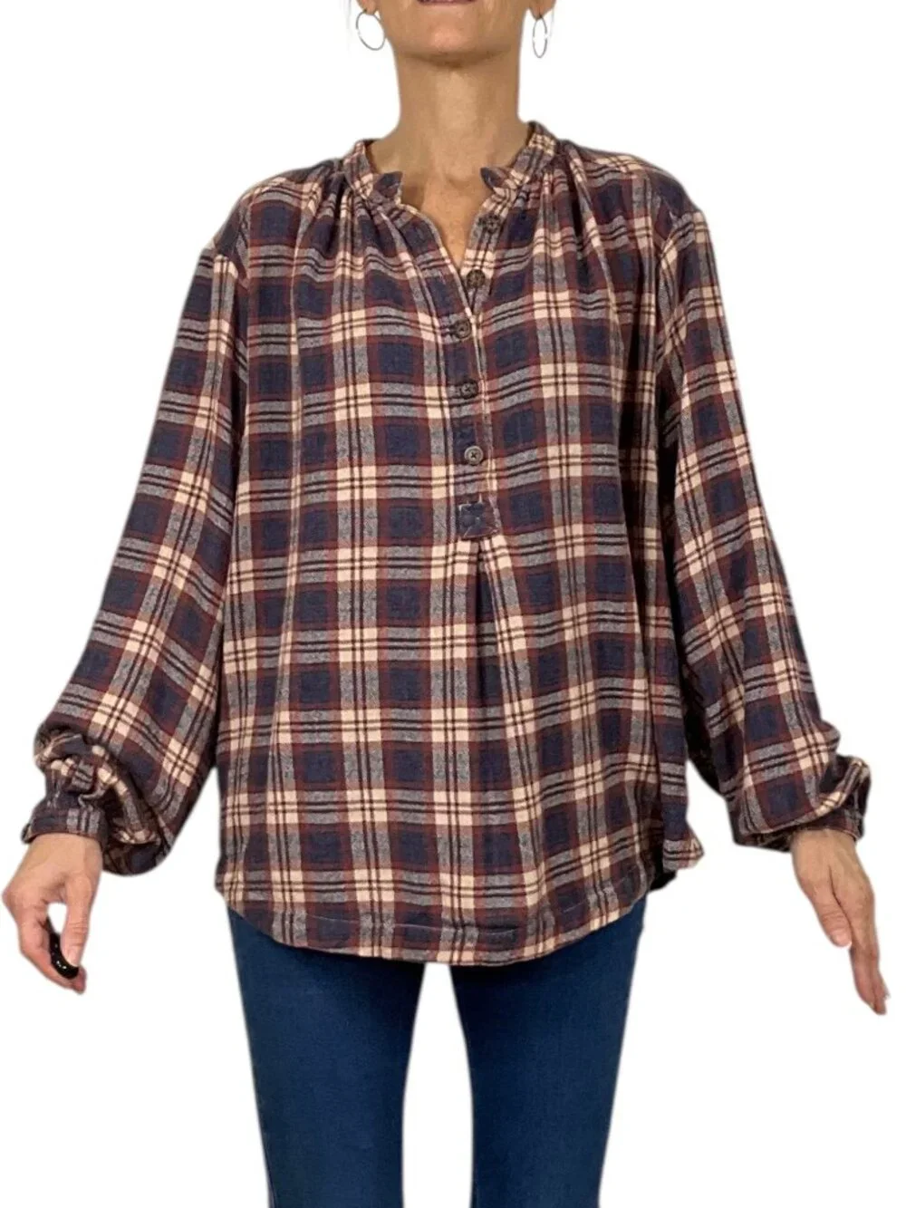 Free People Northern Bound Pullover Top Shirt S Plaid Moonlit Combo Wool Blend
